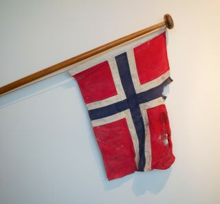 Vintage Wooden Flag Pole For Boat Nautical Flagstaff & Norwegian Flag 1m Long