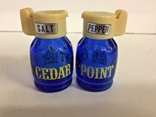 Vintage Cedar Point Souvenir Salt & Pepper Shakers Blue Glass Flip Top Lids Fun