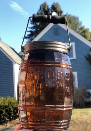 Antique Globe Tobacco Detroit Mi Amber Barrel Jar With Handle & Lid Pat.  1882