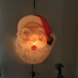 Vintage Santa Claus Head Face Blow Mold Plastic Wall Hanging Lighted Usa