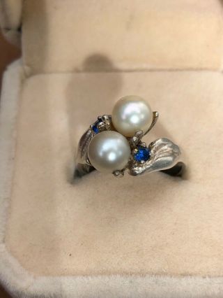 Vintage 2 Pearl & Sapphire Sterling Silver Ring Size 8