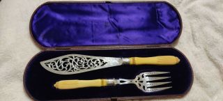 Antique Victorian Solid Silver & Bovine Handled Boxed Fish Servers