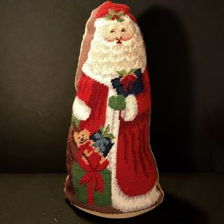 Vintage Hand Crafted Needlepoint Santa Claus Small Christmas Pillow 14 X 7