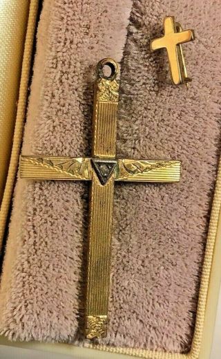 Vintage 12 K Gold Cross Tiny Gemstone Pendant & Gold Small Cross Lapel Pin