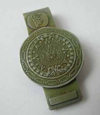 Vintage Mexican Alpaca Silver Aztec Calendar Medallion Engraved Money Clip