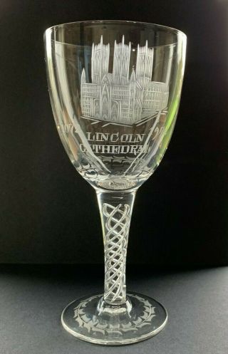 Vintage Engraved Wine Glass Goblet Lincoln Cathedral With Air Twist Stem