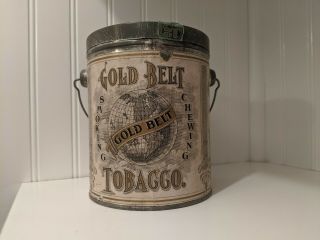Gold Belt Tobacco Tin Pail Paper Label Antique Advertising Can Globe Graphics
