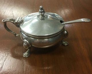 Antique Sterling Silver Mustard Pot With Spoon And Cobalt Blue Insert England