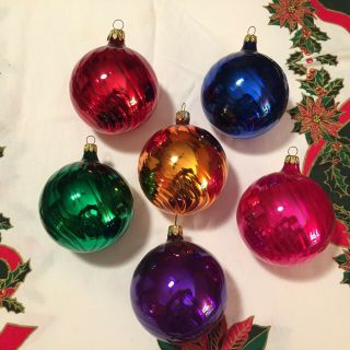 Set Of 6 Vintage Italian Made Swirl Design Glass Christmas Bulb Ornaments 1990s