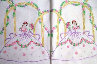 Pair Vintage Embroidered Southern Belle Pillowcases Crochet Trim