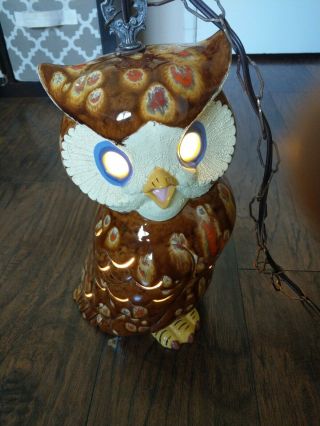 Vintage Ceramic Owl Drip Glaze Pottery Hanging Swag Light Lamp 15 " 1960 