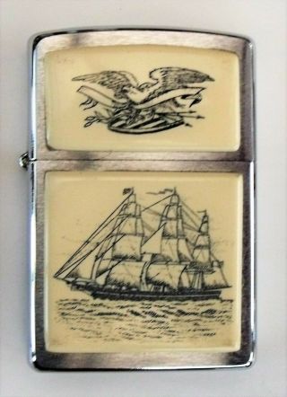 Vintage Scrimshaw Style Zippo Lighter Of Eagle & Tall Ship As Photographed