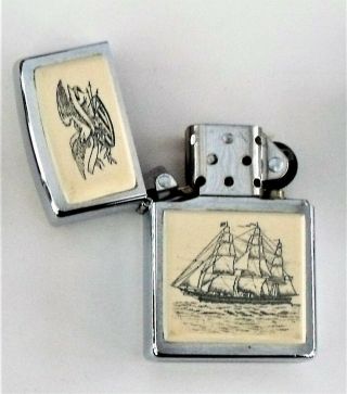 Vintage Scrimshaw Style Zippo Lighter of Eagle & Tall Ship as photographed 2