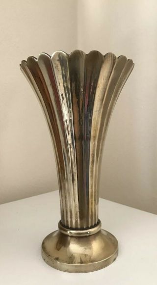 Vintage Heavy Solid Brass Stylish Vase Scalloped Edge Art Deco Style