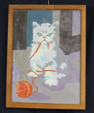 Vtg Paint By Number Picture Art Cat Kitten With Ball Yarn 14 " Mcm Framed Animal