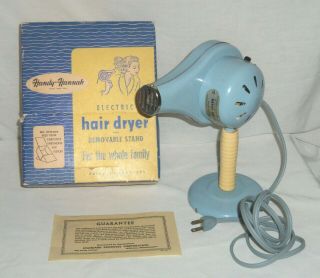Vtg Handy Hannah Electric Hair Dryer Baby Blue W/ Stand Box & Papers Metal Craft