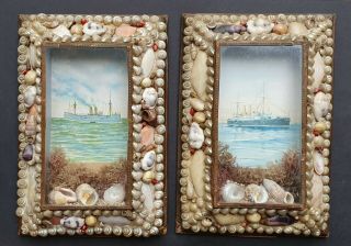 Antique Edwardian Sailor Work Valentine Folk Art.  Sea Shell Pictures.