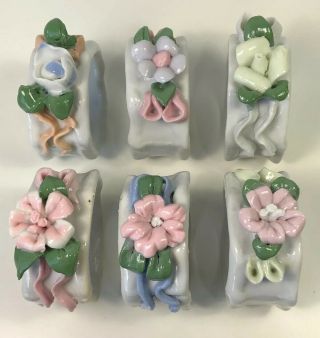 Vintage White Porcelain Ceramic Napkin Rings Holders Pastel Rose Flowers Octagon