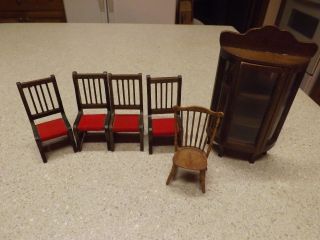 Vintage Dollhouse Doll House Miniature Wooden China Hutch 4 Velvet Chairs,  More
