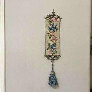 Vintage Corona Bell Pull With Embroidered Flowers And Birds Brass