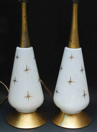 Pair 2 Mid Century Modern Lamp White Glass Gold Atomic Star Speckled Eames