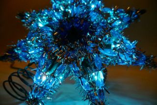 Vintage Mcm Christmas Mosaic Blue Star Tree Topper 10 Light Silver Tinsel Box