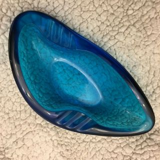 Cobalt Blue Glass Mid Century Kidney Shaped Ash Tray Dish