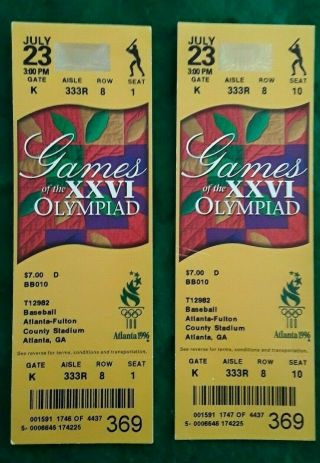 1996 Atlanta Olympics Ticket Stubs Baseball Two Tickets Vintage
