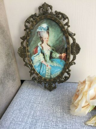 Vintage Antique Ornate Frame French Cameo Picture Oval Convex Rococo Metal Italy