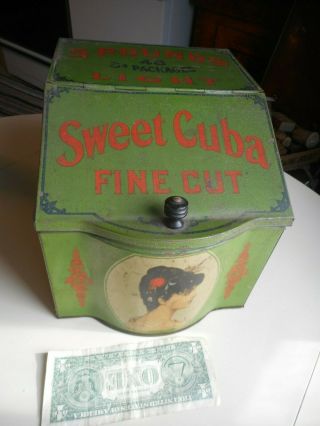 Antique Tin Litho " Sweet Cuba " Tobacco Canister.  Country Store Tobacco Tin Can