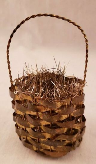 Vintage Christmas Ornament Woven Metal Basket With Handle Tinsel Western Germany