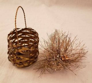 Vintage Christmas Ornament Woven Metal Basket with Handle Tinsel Western Germany 2