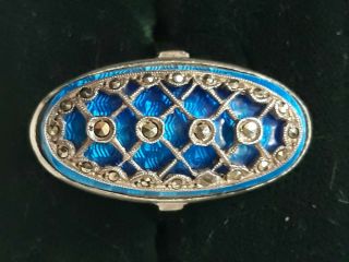 Antique 19thc French Sterling Silver Guilloche Enamel Marcasite Ring