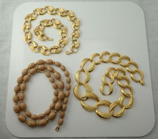 Vintage Napier Set Of 3 Gold Tone Chain & Brown Graduated Bead Necklaces