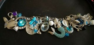 Vintage Antique Mermaid Charm Bracelet Sterling Silver.  925 Aquamarine Rings