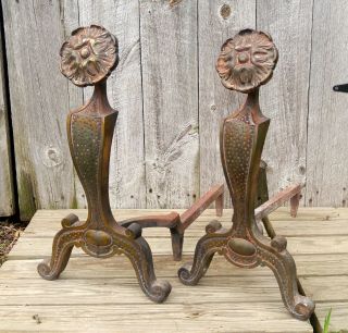 Antique Cast Iron Arts & Crafts Cahill Hammered Metal Floral Andirons Fire Dogs