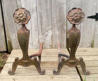 Antique Cast Iron Arts & Crafts Cahill Hammered Metal Floral Andirons Fire Dogs 2