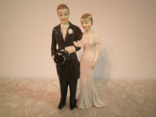 1930s Bisque Hand Painted Bride & Groom Wedding Cake Topper
