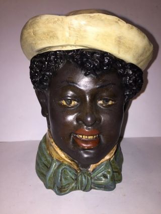 Antique Porcelain Humidor Of A Black Man Wearing A Derby Hat And Bow Tie.