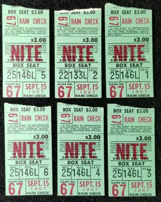 (6) 1967 Boston Red Sox Ticket Stubs Sept 15th Vs Baltimore Orioles Fenway Park