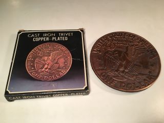 Vintage Copper Plated U.  S.  Dollar Coin Patriotic Trivet Wall Plaque W/ Box