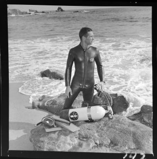 Vtg 1960 Photo Film Negative Beach Guy Scuba Diver Gear Wetsuit Aqua Lung 1