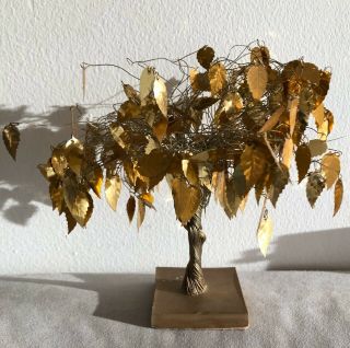 Vintage Mid Century Modern Gold Metal Leaf Wire Dream Tree - Probably J.  E.  Tramel