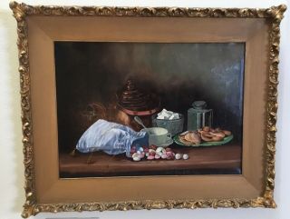Antique 19th Century Still Life Oil Painting In Carved Frame