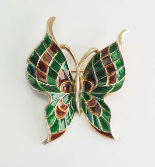 Vintage Gold Tone Metal Green Brown Enamel Butterfly Insect Pin By Crown Trifari