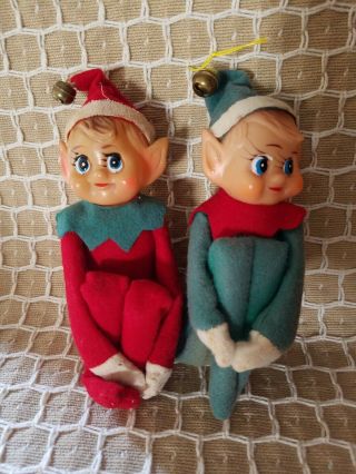 Vintage Set Of 2 Elf On The Shelf Pixie Knee Hugger Felt Christmas Ornaments