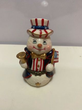 Vintage Porcelain Limoge Type Box Snowman Christmas Decoration Patriotic Flag 4”
