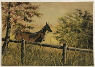 Antique Oil On Canvas Horse Painting Signed Iris Folk Art Primitive 27”