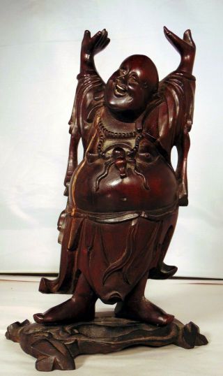Antique Hong Kong Hand Carved Wood Standing Happy Laughing Buddha Statue 13 "