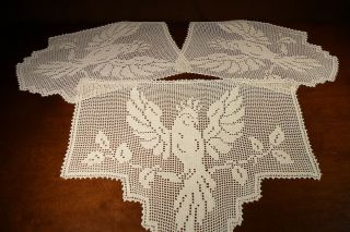 Vintage Hand Crocheted Antimacassar Set In A Cockatiel Pattern